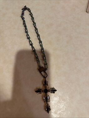 Iridescent Chain Necklace with Black Cross Pendant